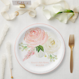 Roze Floral Girl Waterverf Name Baby shower Papieren Bordje