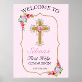  Roze Floral Girls 1ste Heilige Communie Poster (Voorkant)