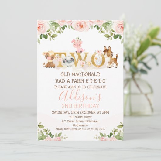 Roze Floral Girls Boerderij 2e verjaardag  Kaart (Staand voorkant)