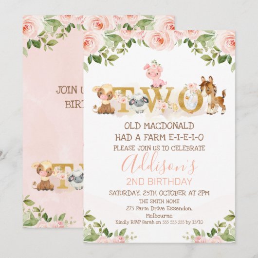 Roze Floral Girls Boerderij 2e verjaardag  Kaart (Voorkant / Achterkant)