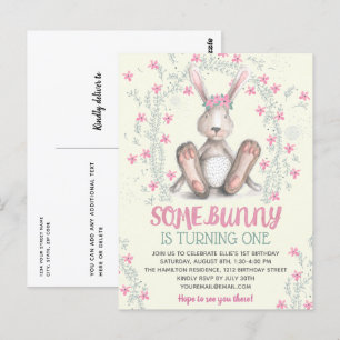 Roze Floral Girls Bunny Birthday Party Invitation Briefkaart