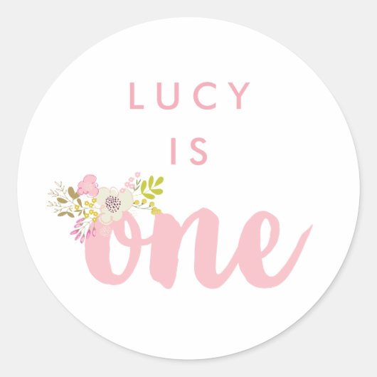 Roze Floral Girls First Birthday Sticker (Voorkant)