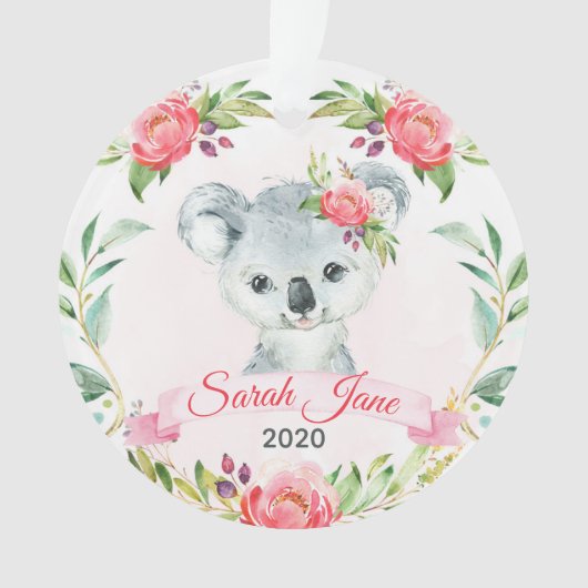 Roze Floral Girls Koala Beer Naam Ornament (voorkant)