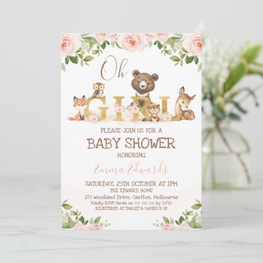 Roze Floral Girls Woodland Veronderd Baby shower Kaart (Staand voorkant)
