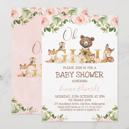 Roze Floral Girls Woodland Veronderd Baby shower Kaart (Voorkant / Achterkant)