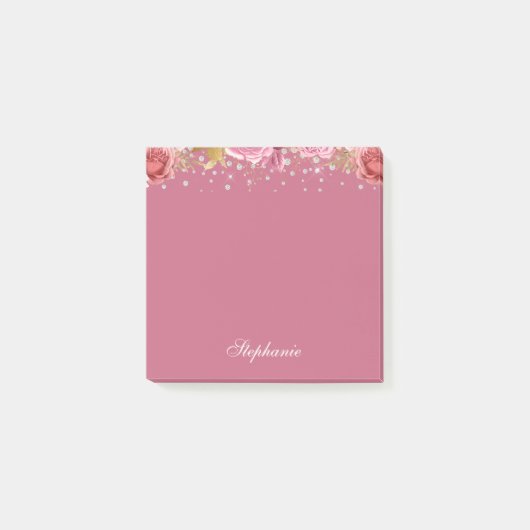 Roze Floral Glitter Custom Name Post-it® Notes (Voorkant)
