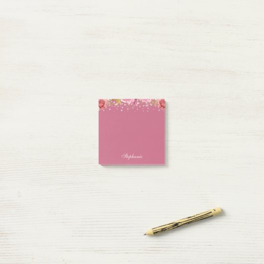 Roze Floral Glitter Custom Name Post-it® Notes (Op bureau)