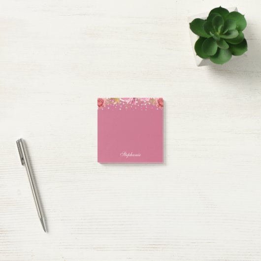 Roze Floral Glitter Custom Name Post-it® Notes (Kantoor)