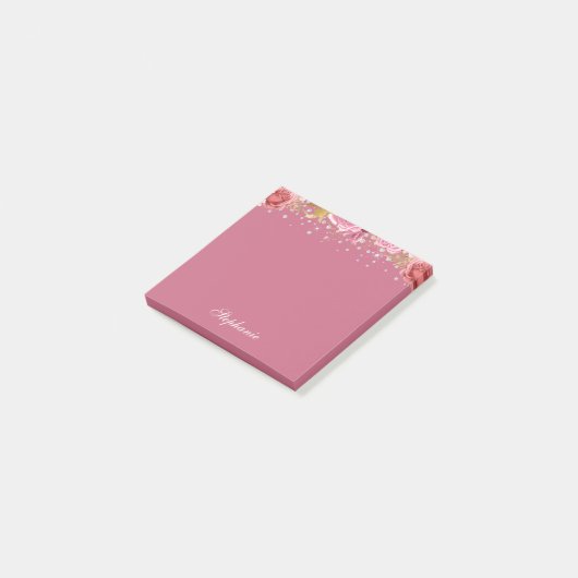 Roze Floral Glitter Custom Name Post-it® Notes (Schuin)