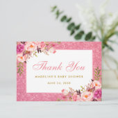 Roze Floral Glitter Gold Baby shower Bedankt Kaart (Staand voorkant)