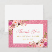 Roze Floral Glitter Gold Baby shower Bedankt Kaart (Voorkant / Achterkant)