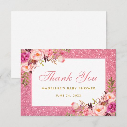 Roze Floral Glitter Gold Baby shower Bedankt Kaart (Voorkant / Achterkant)