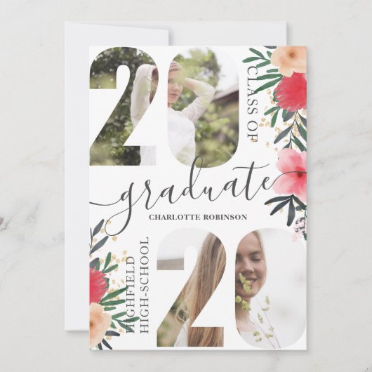 Roze floral glitter script 5 foto 2020 afstuderen kaart (Voorkant)