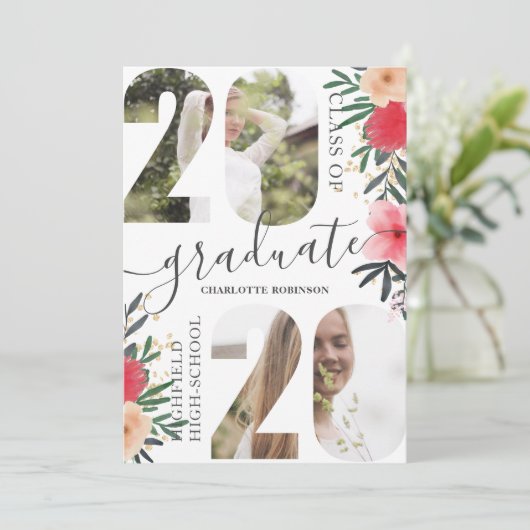 Roze floral glitter script 5 foto 2020 afstuderen kaart (Staand voorkant)