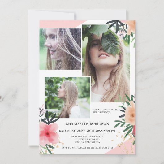 Roze floral glitter script 5 foto 2020 afstuderen kaart (Achterkant)