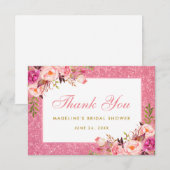 Roze Floral Glitter Vrijgezellenfeest Dank u P Kaart (Voorkant / Achterkant)