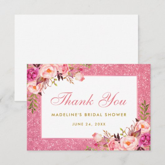 Roze Floral Glitter Vrijgezellenfeest Dank u P Kaart (Voorkant / Achterkant)