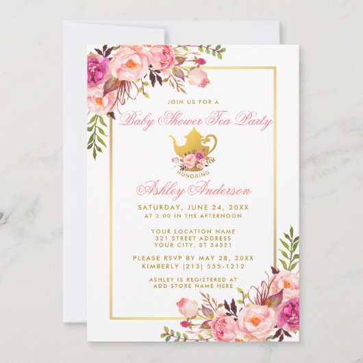 Roze Floral Gold Baby shower Tea Party Invite Kaart (Voorkant)