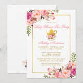 Roze Floral Gold Baby shower Tea Party Invite Kaart (Voorkant / Achterkant)