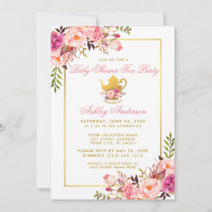 Roze Floral Gold Baby shower Tea Party Invite Kaart