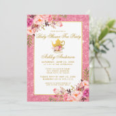 Roze Floral Gold Baby shower Tea Party Invite P Kaart (Staand voorkant)