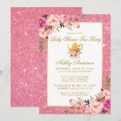 Roze Floral Gold Baby shower Tea Party Invite P Kaart (Voorkant / Achterkant)