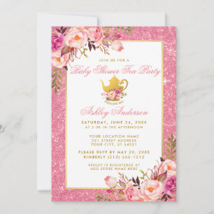 Roze Floral Gold Baby shower Tea Party nodigt GP u Kaart
