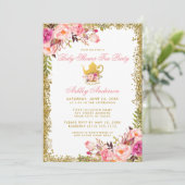 Roze Floral Gold Baby shower Tea Party nodigt GP u Kaart (Staand voorkant)