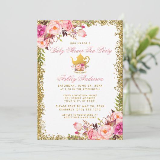 Roze Floral Gold Baby shower Tea Party nodigt GP u Kaart (Staand voorkant)