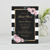 Roze Floral Gold Black Stripes Vrijgezellenfeest Kaart (Staand voorkant)