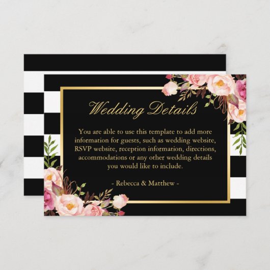 Roze Floral Gold Black Stripes Weddenschap - Gegev Informatiekaartje (Voorkant / Achterkant)