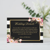 Roze Floral Gold Black Stripes Weddenschap - Gegev Informatiekaartje (Staand voorkant)