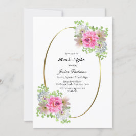 Roze Floral Gold Border Hen's Night Kaart