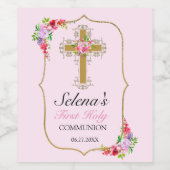 Roze Floral Gold Cross 1st Community Wijn Etiket (Enkel label)