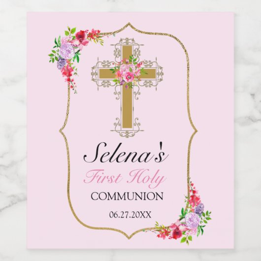 Roze Floral Gold Cross 1st Community Wijn Etiket (Enkel label)