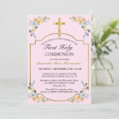 Roze Floral Gold Cross 1st Heilige Communie Kaart (Staand voorkant)
