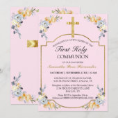 Roze Floral Gold Cross 1st Heilige Communie Kaart (Voorkant / Achterkant)