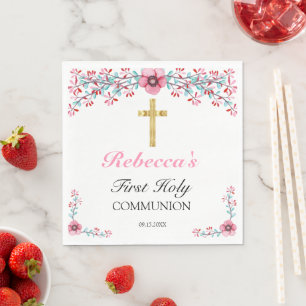 Roze Floral Gold Cross 1st Heilige Communie Servet