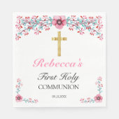  Roze Floral Gold Cross 1st Heilige Communie Servet (Voorkant)