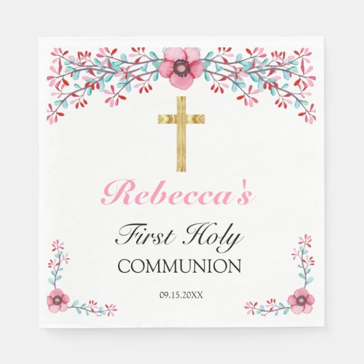  Roze Floral Gold Cross 1st Heilige Communie Servet (Voorkant)