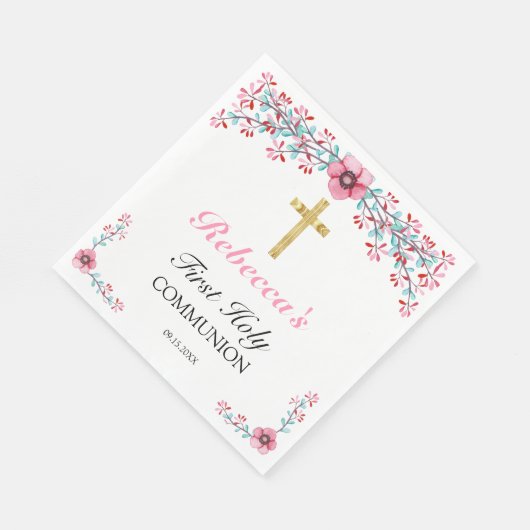 Roze Floral Gold Cross 1st Heilige Communie Servet (Hoek)