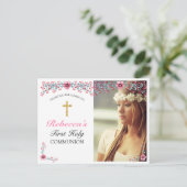 Roze Floral Gold Cross First Community Hartelijk d Briefkaart (Staand voorkant)