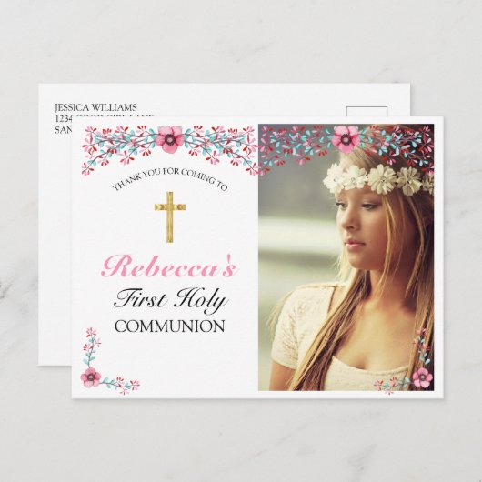 Roze Floral Gold Cross First Community Hartelijk d Briefkaart (Voorkant / Achterkant)