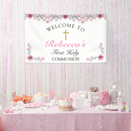 Roze Floral Gold Cross First Community Welkom Spandoek (Feest)