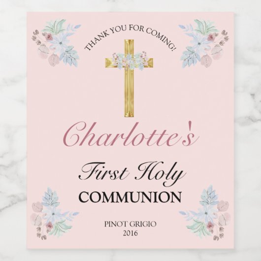 roze Floral Gold Cross First Community Wijn Etiket (Enkel label)