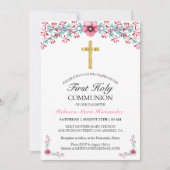 Roze Floral Gold Cross First Heilige Communie Kaart (Voorkant)