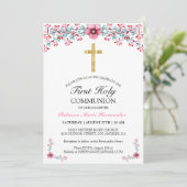 Roze Floral Gold Cross First Heilige Communie Kaart (Staand voorkant)