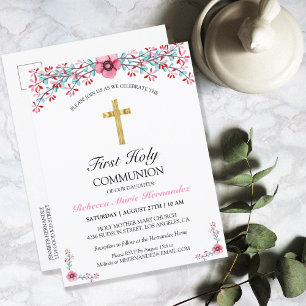 Roze Floral Gold Cross First Heilige Communie Uitnodiging Briefkaart