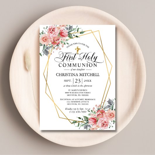Roze Floral Gold Cross First Heilige Communist Gir Kaart