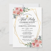 Roze Floral Gold Cross First Heilige Communist Gir Kaart (Voorkant)